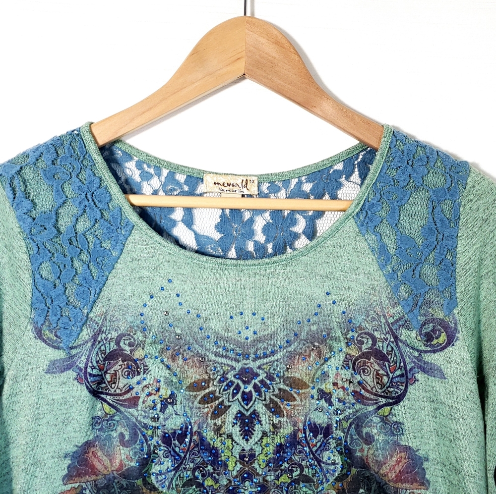 Y2K Abstract Tribal Fairy Top Asymetrical Long sleeve Shirt Green XL - Picture 4 of 5
